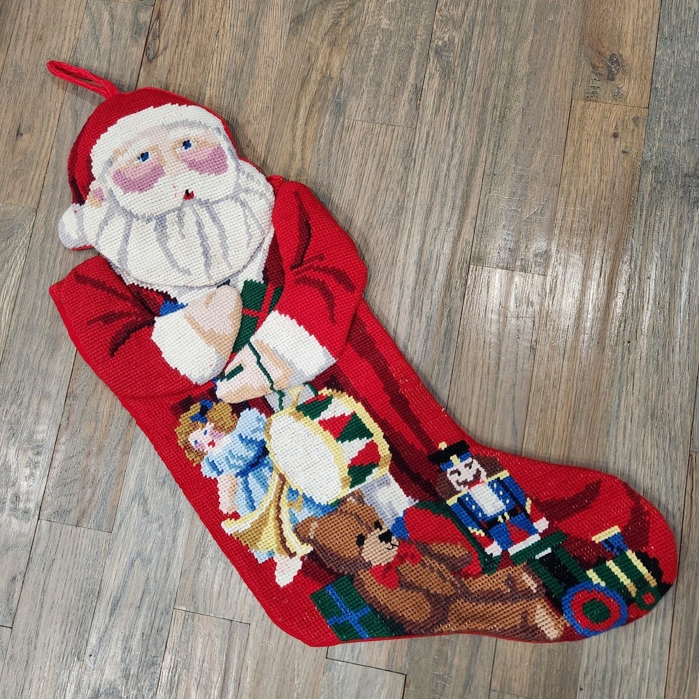VTG Needlepoint‎ Christmas Full Size Stocking Santa Toys Nutcracker Drum Train